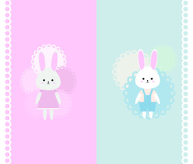 Fototapeta premium two white rabbits on a blue and pink background. a full-length rabbit. girl and boy. congratulations on the newborn. vector illustration, eps 10.
