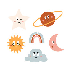 Colorful set of funny cartoon icons sun, cloud, planet, moon and rainbow isolated on white background. Cute vector characters illustration 