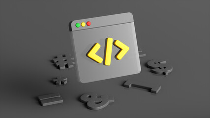 Developer code icon in computer window with symbols background 3d rendering