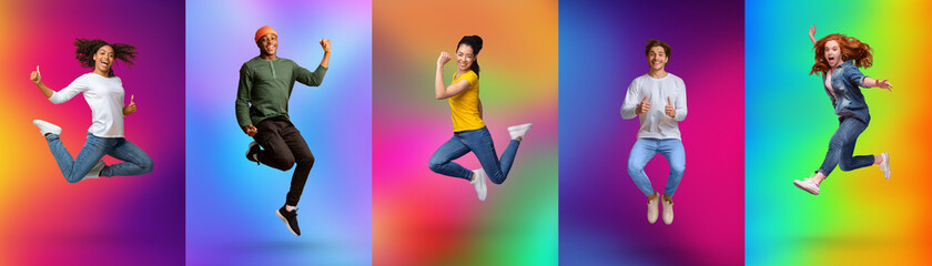 Expressing joy and happiness. Full length of energetic diverse young people jumping over colorful...
