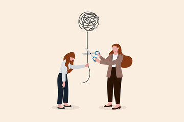 Reduce anxiety or stress, psychotherapy to cure mental health problem or depression, relaxation or relief to cure overworked concept, psychologist using scissors to cut chaos messy balloon on patient. - obrazy, fototapety, plakaty