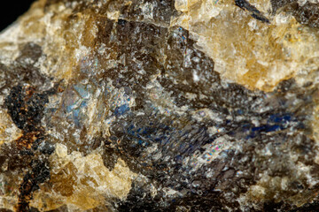 macro mineral stone Labradorite on a black background