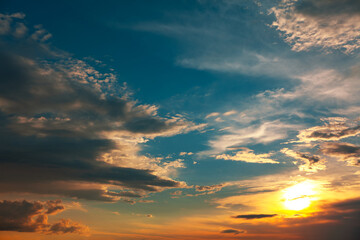 Twilight with clouds and sun . Spectacular sky in the evening 