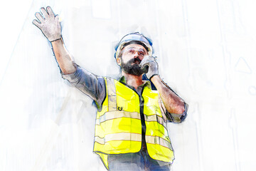 Digital painting and drawing of Logistics engineer stand on and Pointing up around Shipping...