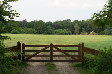 Closed gate at a farmland grassland with a forest and a farm in the distance