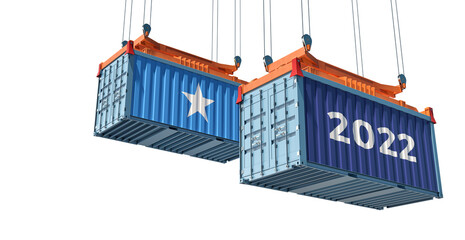Trading 2022. Freight container with Somalia national flag. 3D Rendering 
