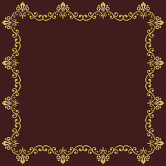 Classic vector square frame with arabesques and orient elements. Abstract ornament with place for text. Vintage brown and golden pattern