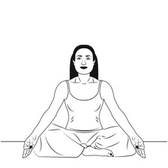 Meditating yoga woman black and white vector illustration