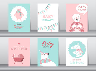 Set of baby shower invitation cards,birthday cards,poster,template,greeting cards,cute,bear,bird,zoo,animal,Vector illustrations