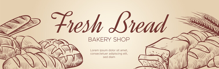Fresh bread banner template. Horizontal bakery advertising
