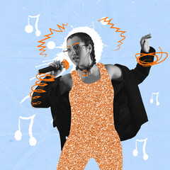 Contemporary art collage, modern design. Magazine style. Stylish young woman, singer with microphone on multicolored background
