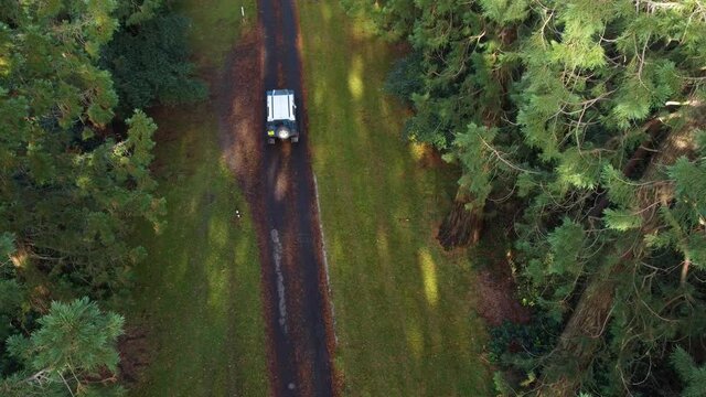 drone footage of a classic British Landover driving through a Redwood forest