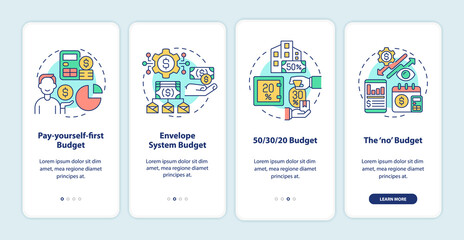 Budget approaches onboarding mobile app screen. Financial planning types walkthrough 4 steps graphic instructions pages with linear concepts. UI, UX, GUI template. Myriad Pro-Bold, Regular fonts used