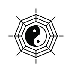 Yin Yang symbol of Chinese phylosophy describes how opposite and contrary forces may be complementary, interconnected and interdependent. Black and white illustration on white background. - obrazy, fototapety, plakaty
