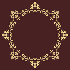 Oriental round frame with arabesques and floral elements. Floral border with vintage pattern. Greeting card with round golden place for text