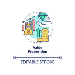Value proposition concept icon. Company budgeting method. Valued targets abstract idea thin line illustration. Isolated outline drawing. Editable stroke. Roboto-Medium, Myriad Pro-Bold fonts used