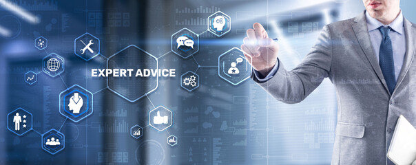 Expert advice. Businessman hand touching inscription on virtual screen