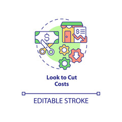 Look to cut costs concept icon. Budgeting for small business abstract idea thin line illustration. Isolated outline drawing. Editable stroke. Roboto-Medium, Myriad Pro-Bold fonts used