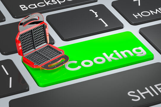 Waffle iron on keyboard. Cooking green key, 3D rendering