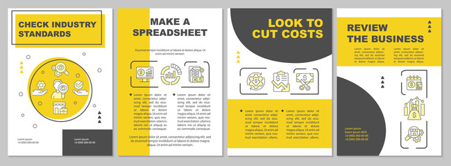 Naklejka premium How to budget business yellow brochure template. Booklet print design with linear icons. Vector layouts for presentation, annual reports, ads. Arial-Black, Myriad Pro-Regular fonts used