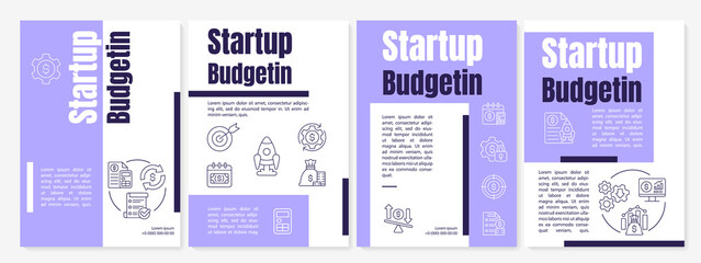 Startup budgeting purple brochure template. Financial planning. Booklet print design with linear icons. Vector layouts for presentation, annual reports, ads. Anton, Lato-Regular fonts used