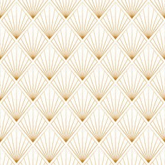 Abstract geometric seamless pattern. Rhombus, diamond tiles with fan ornament. Linear contour gold gradient drawing on white background. Ar deco retro backdrop 