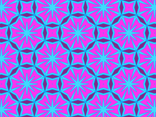 Fototapeta premium Modern geometric pattern in purple, magenta, orange, and blue colors. Bright kaleidoscopic print for fabric design, wrapping paper, stationery. Repeating textile pattern with snowflakes.