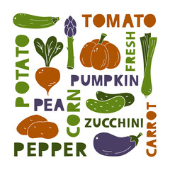 Food poster with vegetables and lettering. Color silhouette of pumpkin, potato, beet, cucumber, eggplant on white background. Square print with text. Vector hand drawn illustration for farm festival