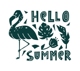 Graphic summer illustration with black silhouette flamingo, tropical leaves, flower, lettering. Monochrome hand drawn poster, print, travel postcard on white background. Flat vector bird with text