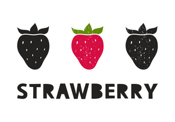 Strawberry, silhouette icons set with lettering. Imitation of stamp, print with scuffs. Simple black shape and color vector illustration. Hand drawn isolated elements on white background