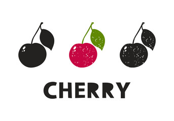 Cherry, silhouette icons set with lettering. Imitation of stamp, print with scuffs. Simple black shape and color vector illustration. Hand drawn isolated elements on white background - 478502172