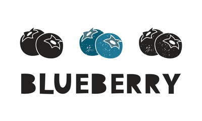 Blueberry, silhouette icons set with lettering. Imitation of stamp, print with scuffs. Simple black shape and color vector illustration. Hand drawn isolated elements on white background
