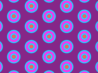 Modern geometric pattern in purple, magenta, orange, and blue colors. Bright kaleidoscopic print for fabric design, wrapping paper, stationery. Repeating textile pattern with circles.