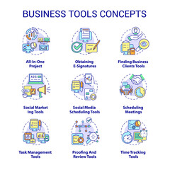 Business tools concept icons set. Software for small business idea thin line color illustrations. Task management. Isolated outline drawings. Editable stroke. Roboto-Medium, Myriad Pro-Bold fonts used
