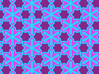 Modern geometric pattern in purple, magenta, orange, and blue colors. Bright kaleidoscopic print for fabric design, wrapping paper, stationery. Repeating textile pattern with snowflakes.