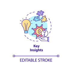 Key insights concept icon. Business intelligence tool benefit abstract idea thin line illustration. Analyzing data. Isolated outline drawing. Editable stroke. Roboto-Medium, Myriad Pro-Bold fonts used