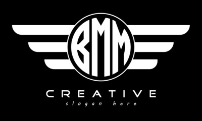 BMM three letter monogram type circle letter logo with wings vector template.