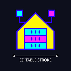 Virtual information warehousing RGB color pixel perfect icon for dark theme. Data mining technique. Simple filled line drawing on night mode background. Editable stroke. Arial font used