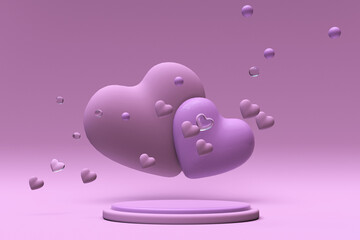3D romantic St Valentine Day pink background with podium and flying heart shape. Romantic minimal design template. Mockup for 14 february holiday