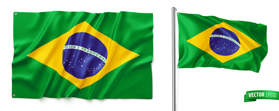 Vector realistic illustration of Brazilian flags on a white background.