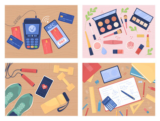 Tabletop with objects flat color vector illustration set. Cashless payment. Cosmetics products. Training tools. Top view 2D cartoon illustration with desktop on background collection