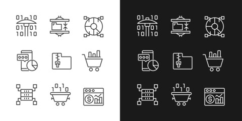 Data mining processes linear pixel perfect icons set for dark and light mode. Machine learning. Analyze and storage data. Customizable thin line symbols. Isolated vector outline illustrations
