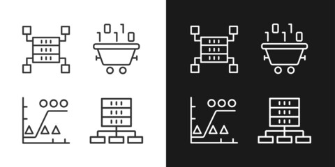 Dataset processing linear pixel perfect icons set for dark and light mode. Data mining and storage. Statistic information. Customizable thin line symbols. Isolated vector outline illustrations