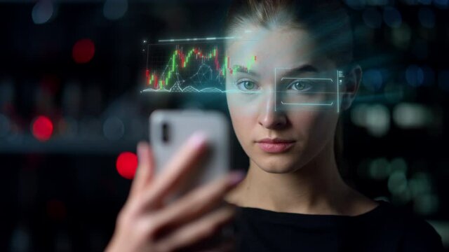 Woman phone diagram holograms display process collecting financial data closeup