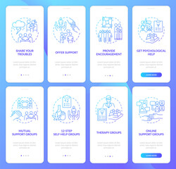 Psychological support blue gradient onboarding mobile app screen set. Walkthrough 4 steps graphic instructions pages with linear concepts. UI, UX, GUI template. Myriad Pro-Bold, Regular fonts used