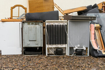 Bulky waste, furniture, garbage, bulky rubbish heap, house, house wall, waste, wood, waste,...