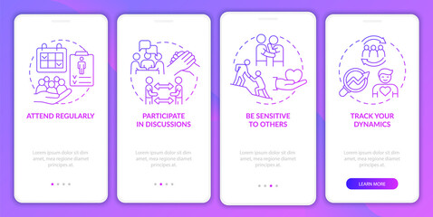 Going to group therapy purple gradient onboarding mobile app screen. Walkthrough 4 steps graphic instructions pages with linear concepts. UI, UX, GUI template. Myriad Pro-Bold, Regular fonts used