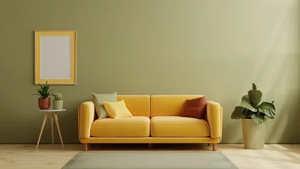 Foto op Plexiglas Mockup living room interior with yellow sofa on empty dark green color wall background. © Vanit่jan