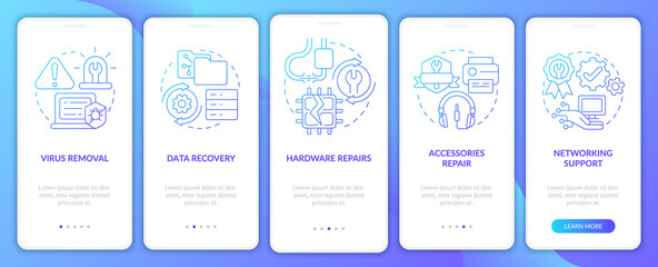 Types of repairs blue gradient onboarding mobile app screen. Walkthrough 5 steps graphic instructions pages with linear concepts. UI, UX, GUI template. Myriad Pro-Bold, Regular fonts used