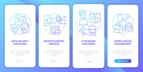 Corporate computer services blue gradient onboarding mobile app screen. Walkthrough 4 steps graphic instructions pages with linear concepts. UI, UX, GUI template. Myriad Pro-Bold, Regular fonts used
